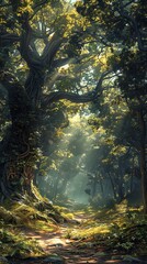 An enchanting forest with towering trees, dappled sunlight, and hidden pathways, realistic.