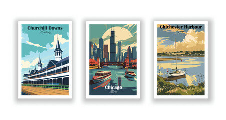 Chicago, Illinois, Chichester Harbour, Sussex, Churchill Downs, Kentucky - Vintage travel poster. Vector illustration. Poster Travel for Hikers Campers Living Room Decor