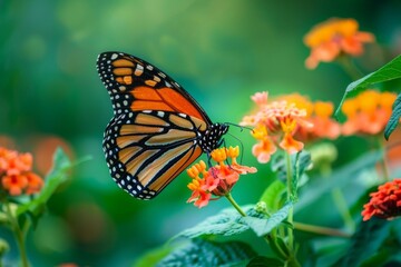 A beautiful image in nature of a monarch butterfly on a lantana flower, summer