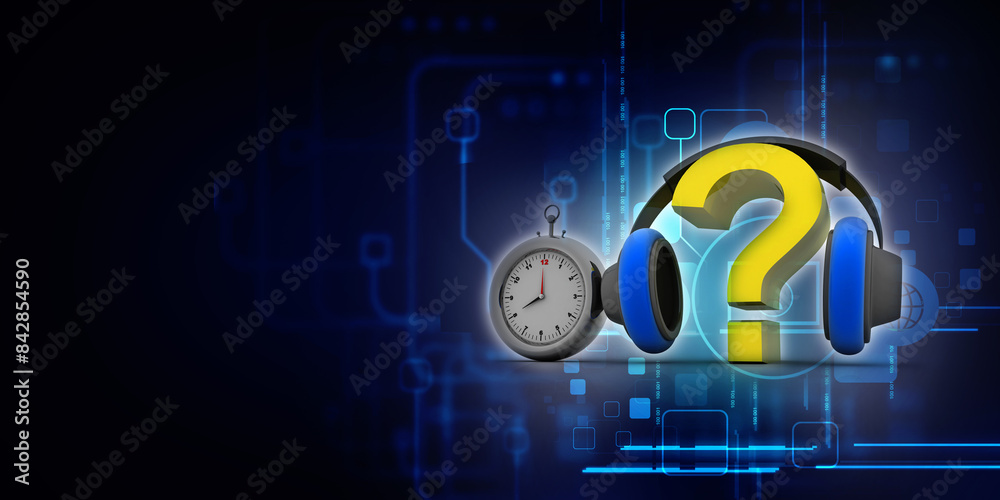 Poster 3d rendering question mark connected headphone with clock
