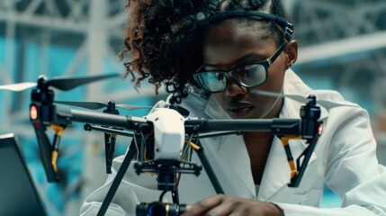 Female Black Engineer Writing Code. Innovating Aviation Technology in the Research Center Laboratory. Developing Software for Modern Drone Control.