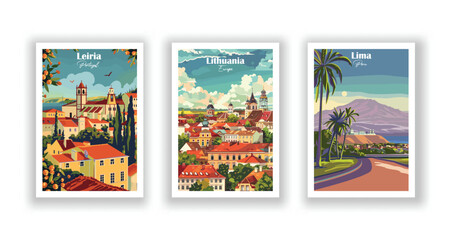 Leiria, Portugal, Lima, Peru, Lithuania, Europe - Vintage travel poster. Vector illustration. Poster Travel for Hikers Campers Living Room Decor