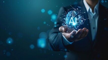 AI Technology and Innovation Concept: Hand Holding AI Symbol with Digital Network Connections on Blue Background -Generative AI