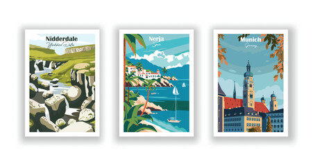 Naklejka premium Munich, Germany, Nerja, Spain, Nidderdale, Yorkshire Dales - Vintage travel poster. Vector illustration. Poster Travel for Hikers Campers Living Room Decor