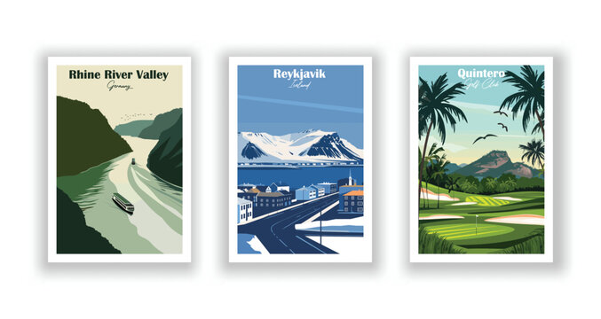 Quintero Golf Club, Reykjavik, Iceland, Rhine River Valley, Germany - Vintage travel poster. Vector illustration. Poster Travel for Hikers Campers Living Room Decor