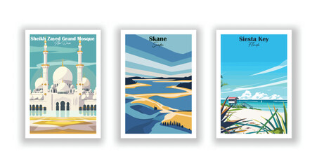 Sheikh Zayed Grand Mosque, Abu Dhabi, Siesta Key, Florida, Skane, Sweden - Vintage travel poster. Vector illustration. Poster Travel for Hikers Campers Living Room Decor