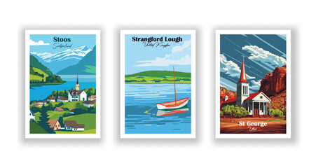 St George, Utah, Stoos, Switzerland, Strangford Lough, United Kingdom - Vintage travel poster. Vector illustration. Poster Travel for Hikers Campers Living Room Decor