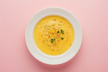 A Simple Bowl of Creamy Corn Chowder With Parsley Garnish on Pink Background