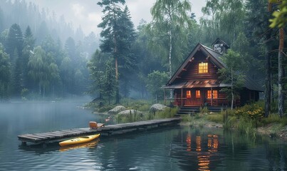 Obraz premium A tranquil lakeside retreat with a cozy cabin nestled among towering trees, a wooden dock stretching out into the water, and a pair of kayaks waiting to be launched. Realistic.