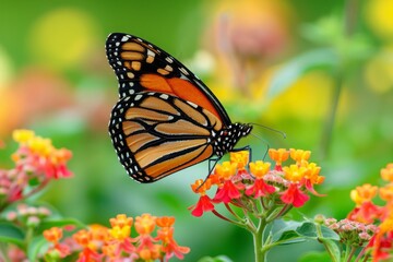 Naklejka premium A beautiful image in nature of a monarch butterfly on a lantana flower, summer
