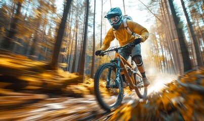 Downhill mountain bike. Man cyclist riding bicycle