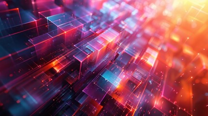 Fototapeta premium An abstract digital environment with vibrant colors and geometric patterns. The high-resolution image captures the essence of advanced technology, with dynamic lighting and shadows adding depth and
