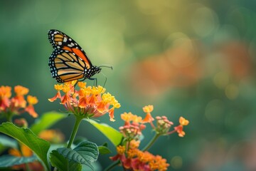 Obraz premium A beautiful image in nature of a monarch butterfly on a lantana flower, summer