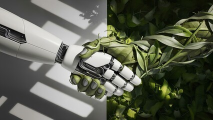 Nature Leaf Hand and Robotic Hand Reaching to Shake, Symbolizing the Fusion of Nature and Technology