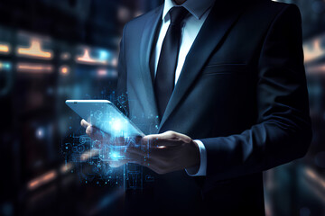 A businessman accesing internet and information technology via tablet or gadget in his hand