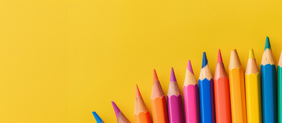 Row of colorful pencils arranged diagonally on trendy yellow background with copy space for text