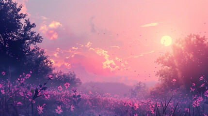 Cartoon illustration beautiful summer day with pink sky sunrise with cloud