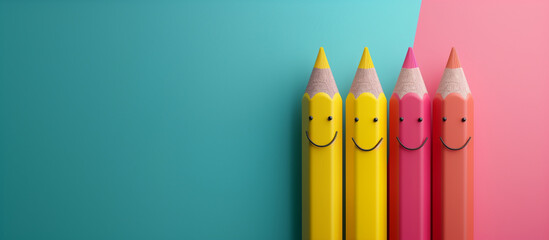 Multi colored Funny Smiling pencil isolated on trendy color background with copy space for text
