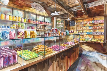 Fototapeta premium A vibrant general store interior with neatly arranged colorful candies and goods on shelves, creating a cozy and nostalgic shopping atmosphere.