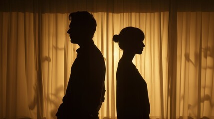 Silhouette of a couple standing back-to-back, their body language conveying tension and disagreement, hinting at marital discord and the potential for separation
