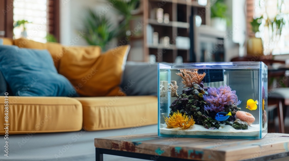 Wall mural A small fish tank sits on a coffee table in a living room. The tank is filled with colorful coral and fish, and the couch in the background is yellow with blue pillows.