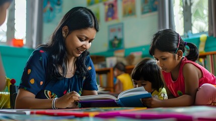 Volunteers Reading Books to Children at Community Center