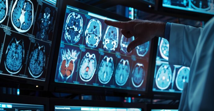 Neurosurgeon looking for impacted areas in the brain after an MRI scan in a modern medical research center.