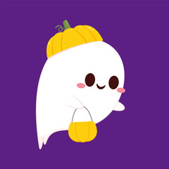 Cute ghost floating with Halloween pumpkin basket for Trick or Treat. Funny spooky boo character. Spook phantom with happy smiling face expression. Isolated kids flat vector illustration.