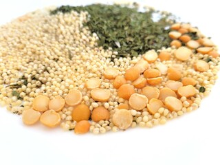 Raw portion of split peas and more vegetarian ingredients.
