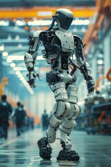 A scene depicting a robotic exoskeleton in an industrial setting, with a worker using a powered suit for strength enhancement and safety, emphasizing the role of exoskeleton technology in industry