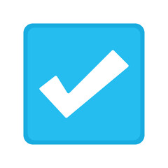 Blue positive vote button with checkmark accept complete task badge vector illustration. Success confirmation logotype keypad agree approved check mark. Done checkbox. Tick button emoji icon.