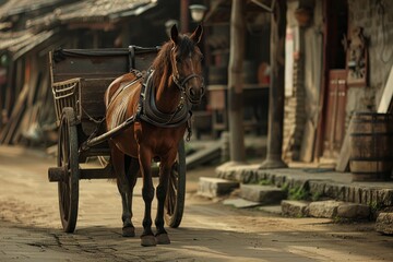 An image of a horse-drawn cart in a historical setting, showcasing the nostalgic transport method and animal labor, with a focus on equestrian transport and traditional rural transportation