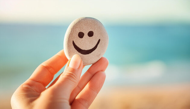 Close-up of a hand with smiling stone on beach in the background. Concept of happy life and positive thinking