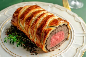 Golden-Brown Beef Wellington Resting on a White Plate