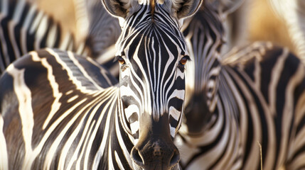 Naklejka premium A close-up view of a zebra amid a group, showcasing its distinctive black and white stripes, in a natural habitat with light illuminating its features.