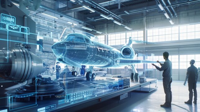 A futuristic technology concept that portrays the maintenance of future aircraft engines being done by an engineer using a tablet computer. Visual effects of an analyst checking the turbine.