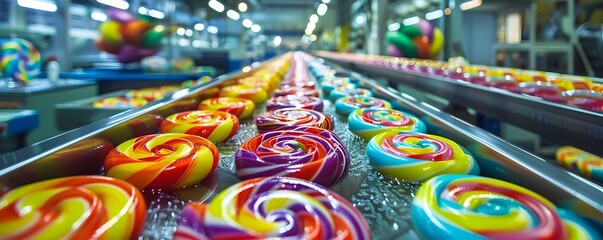 Fototapeta premium Vibrant Lollipop Factory with Swirling Candies on Conveyor Belts