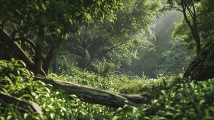 Fototapeta premium Dappled sunlight streams through a lush, green forest, highlighting the dense vegetation and creating a magical light and shadow effect.