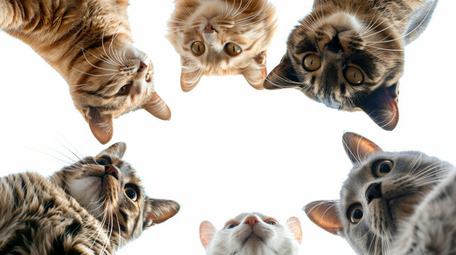 A delightful cluster of curious cats peers down into the camera, their whiskers and wide eyes exemplifying playful feline curiosity.