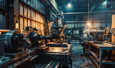 Naklejka premium A metal work shop equipped with CNC (Computer Numerical Control) machines used for precision metal cutting and shaping.