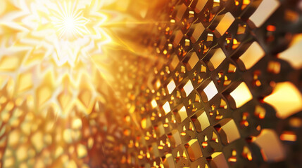 Abstract image featuring a pattern of golden lights and squares, creating a radiant and mesmerizing visual effect with a solar starburst.