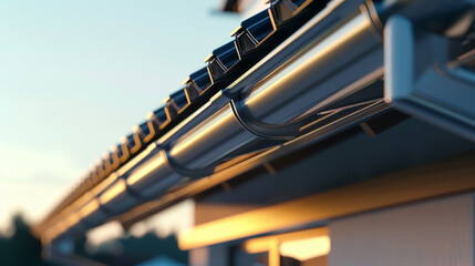 Naklejka premium Close-up of a sleek metallic gutter system on a rooftop, bathed in the warm glow of the sunset, showcasing industrial design and construction details.