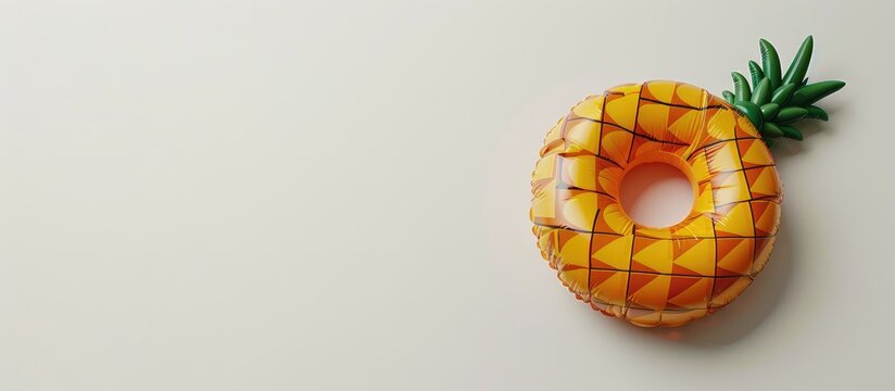 A solitary pineapple pool float drifts against a white backdrop with space for text, embodying a summer theme.