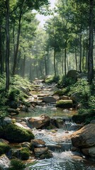Obraz premium A tranquil forest stream, realistic.