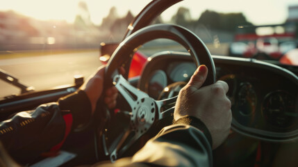 Intense focus in a driver’s hands gripping the steering wheel of a racing car, capturing the thrill of motorsport.