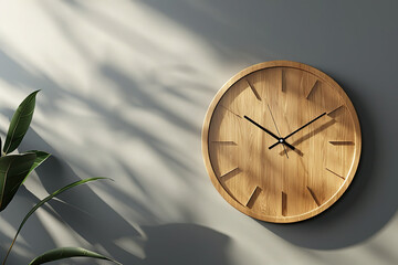 Wooden clock on a wall casting shadows in natural light. Concept of time, simplicity, and nature.