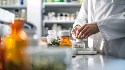 A pharmacist, dressed in a white lab coat, carefully counts white pills in a modern, well-organized pharmacy setting.