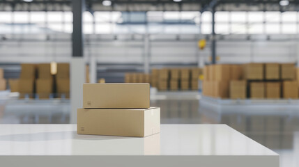 Two cardboard boxes are placed on a white table in a spacious warehouse, indicating a scene of industrial storage or shipping readiness amid shelves stacked with more boxes.