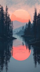 Serene Lake Reflection: Minimalist Nature Illustration of Tranquil Waters and Pine Trees