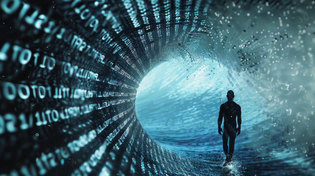 A lone figure walks towards a digital vortex of swirling numbers and code, symbolizing the journey into the digital world or cyberspace.
